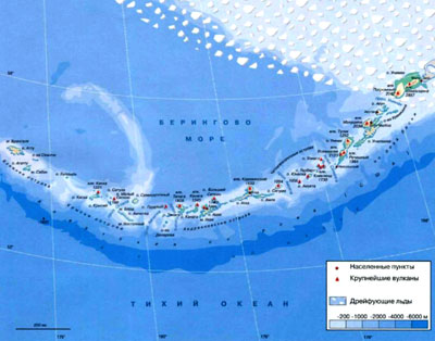 Алеутские острова на географической карте, Тихий океан.