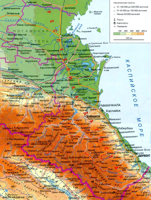 Республика Дагестан на географической карте, Россия.