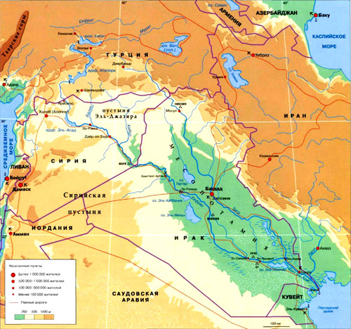 Река Евфрат на географической карте, Азия.