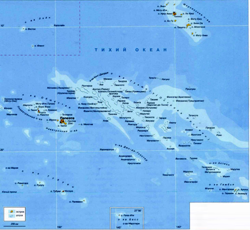 Французская Полинезия на географической карте, Тихий океан.