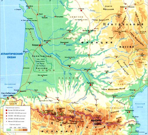 Река Гаронна на географической карте, Франция.