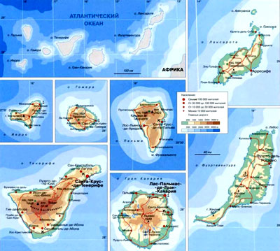 Канарские острова на географической карте, Атлантический океан.