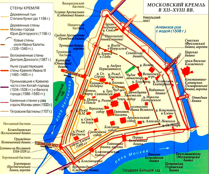 Московский Кремль в XII-XVIII веке на карте