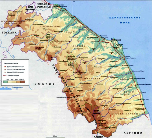Марке, географическая карта, Регион в Италии