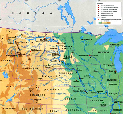 Бассейн реки Миссури на географической карте, Северная Америка.