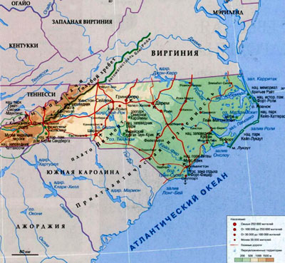 Штат Северная Каролина на географической карте, США, Северная Америка.
