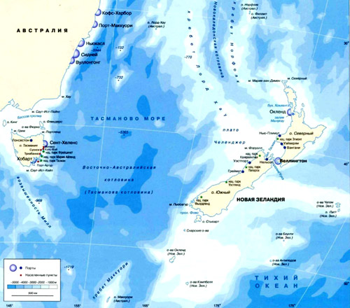 Тасманово море на географической карте, Тихий океан.