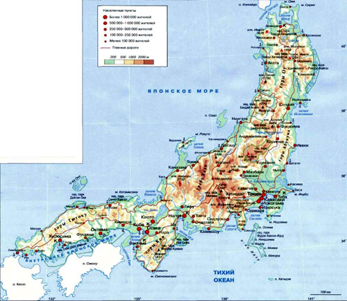Остров Хонсю на географической карте, Япония.