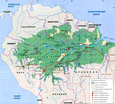 Амазония на географической карте, Южная Америка.