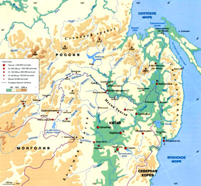 Бассейн реки Амур на географической карте, Восточная Азия.