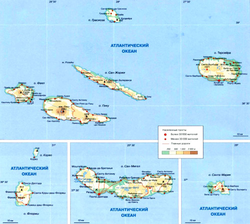 Азорские острова на географической карте, Атлантический океан.