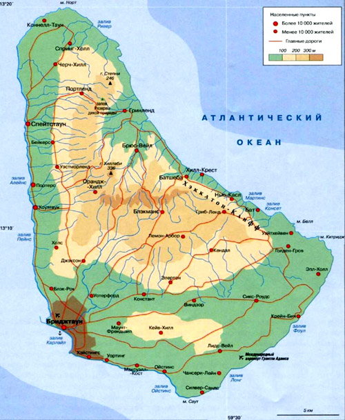 Барбадос на географической карте, Атлантический океан.