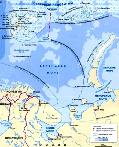Баренцево море на географической карте, Северный Ледовитый Океан.