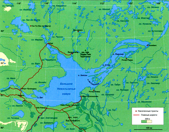 Большое Невольничье озеро на карте