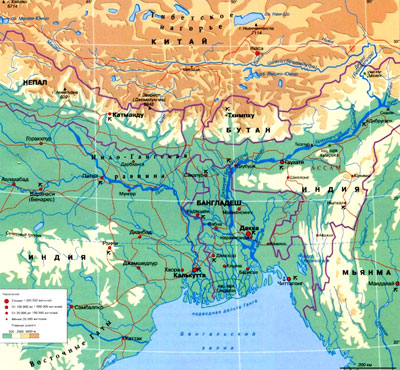 Река Брахмапутра на географической карте, Азия.