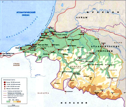 Французская страна басков на географической карте, Франция.