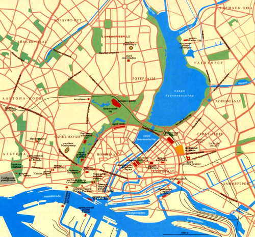 Город Гамбур на топографической карте, Германия.