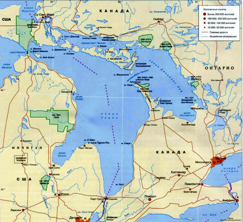 Озеро Гурон, географическая карта, Озеро в США и Канаде