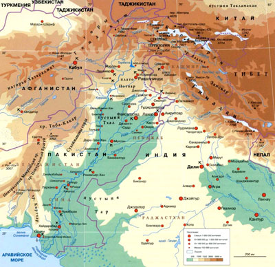 Бассейн реки Инд на географической карте, Азия.