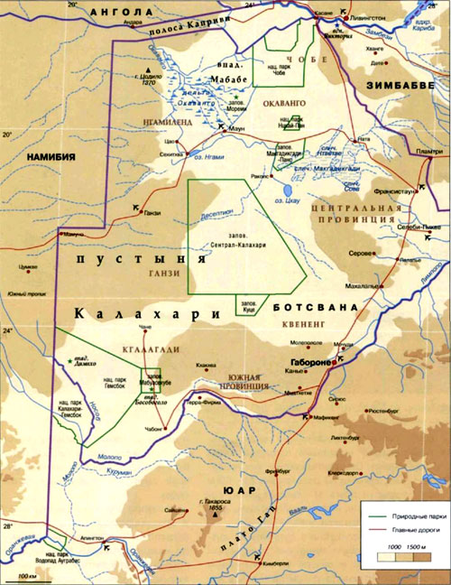 Пустыня Калахари на географической карте, Африка.