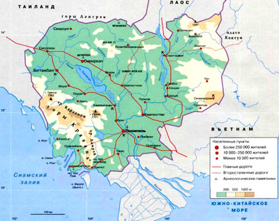 Королевство Камбоджа на географической карте, Азия.