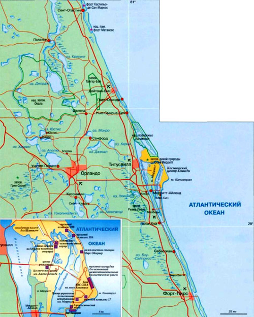 Мыс Канаверал на географической карте, полуостров Флорида, США.