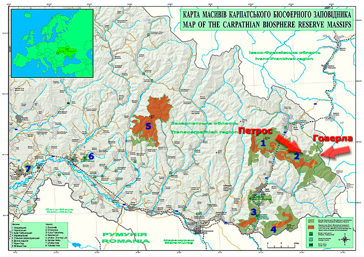 Карпатский биосферный заповедник на карте
