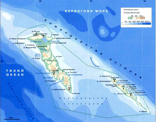 Командорские Острова, географическая карта, Архипелаг в Беринговом море.