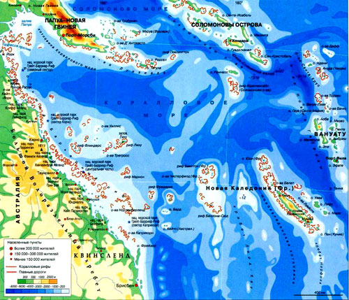 Коралловое море на карте