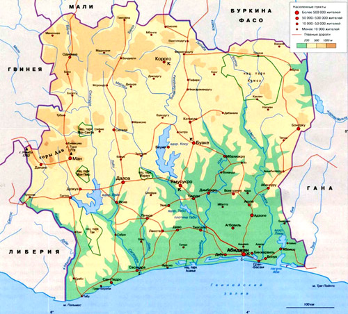 Кот-д'Ивуар на географической карте, Африка.