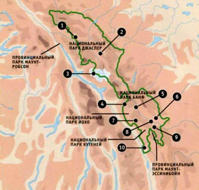 Карта, путеводитель канадских парков в Скалистых горах, Канада.