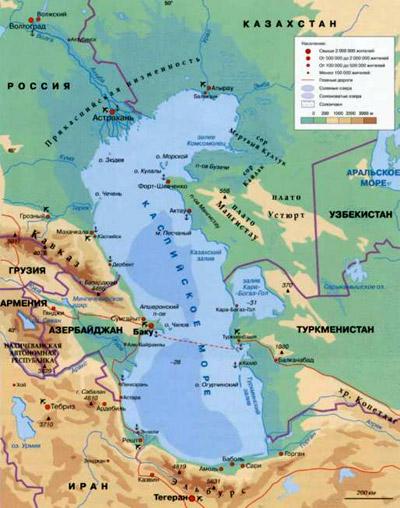 Каспийское море на географической карте, Евразия.