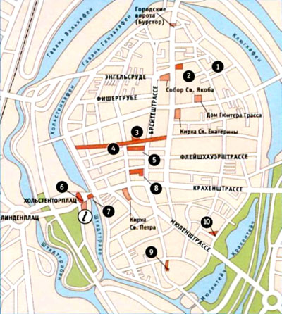 Достопримечательности города Любека на топографической карте, Любек.