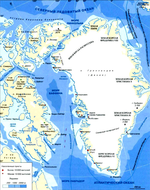 Море Баффина на географической карте, Северный Ледовитый океан.