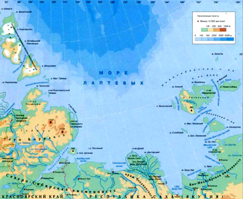 Море Лаптевых на географической карте, Северный Ледовитый океан.