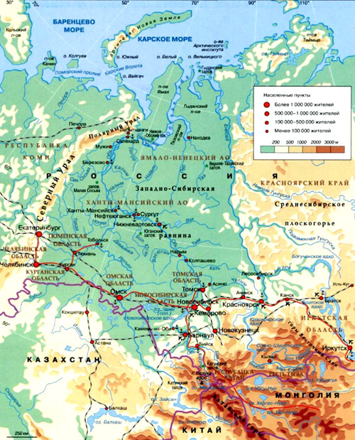 Река Обь на географической карте, Россия.