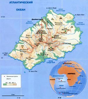 Географическая карта острова Святой Елены, Атлантический океан.
