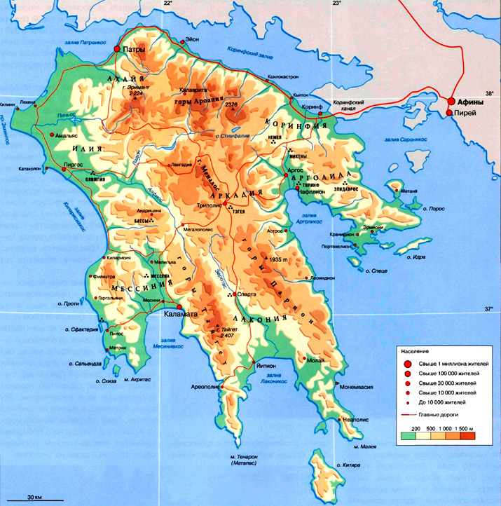 полуостров Пелопоннес на карте