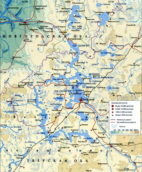 Озеро Селигер на географической карте, Россия.
