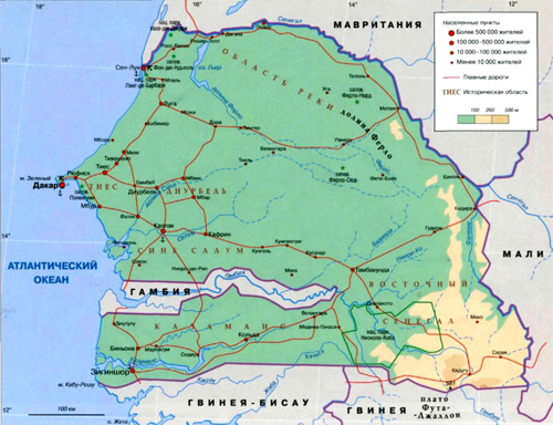 Республика Сенегал на географической карте, Африка.