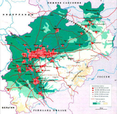 Северный Рейн-Вестфалия на географической карте, Германия.