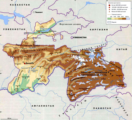 Республика Таджикистан на географической карте, Азия.