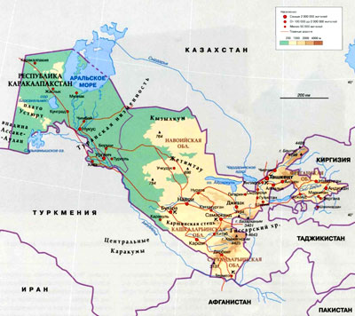 Республика Узбекистан на географической карте, Средняя Азия.