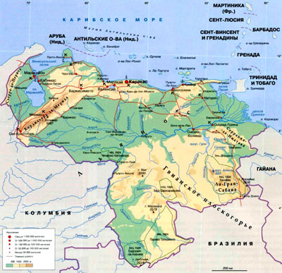 Государство Венесуэла на географической карте, Южная Америка.