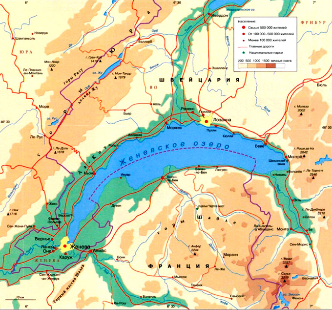 Женевское озеро (Леман) на карте