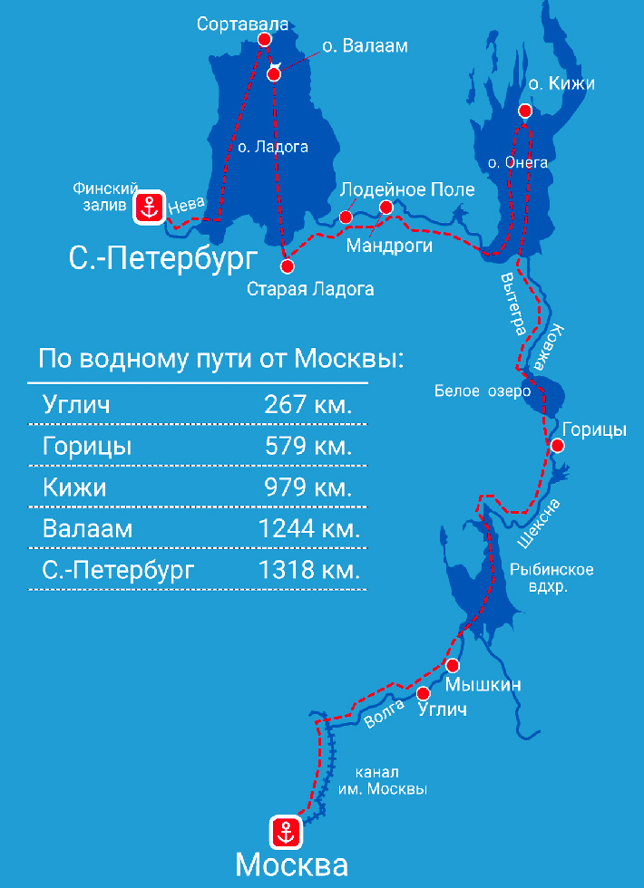 Карта речного круиза из Москвы в Санкт-Петербург